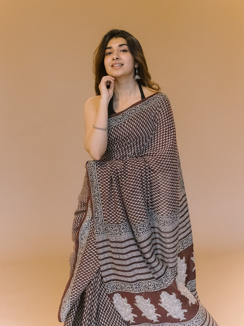 Black Butti Bagru Hand Block Print Modal Saree