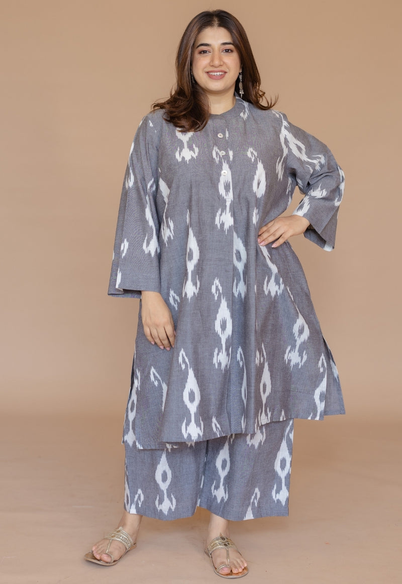 Ayaat Grey Handloom Ikkat Cotton Straight Kurta