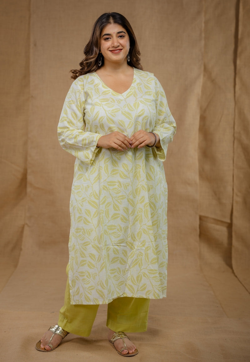 Aarushi Green Hand Block Print Slub Cotton Straight Kurta