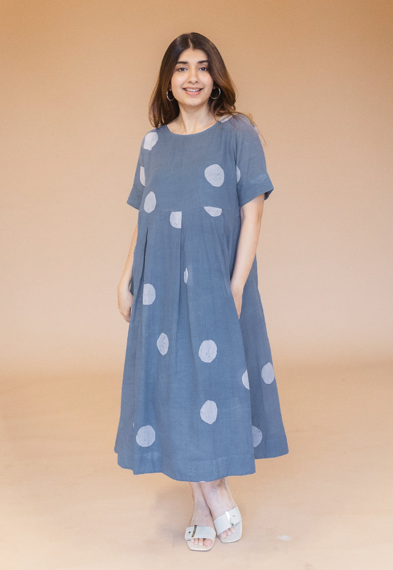 Fajar Blue Batik MulMul A Line Dress with Slip