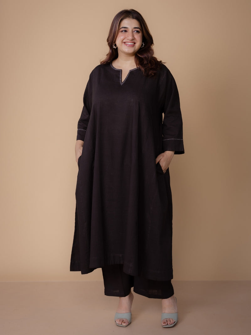 Nyra Black Solid Slub Cotton Jhabbha Kali Kurta with Hand Embroidery