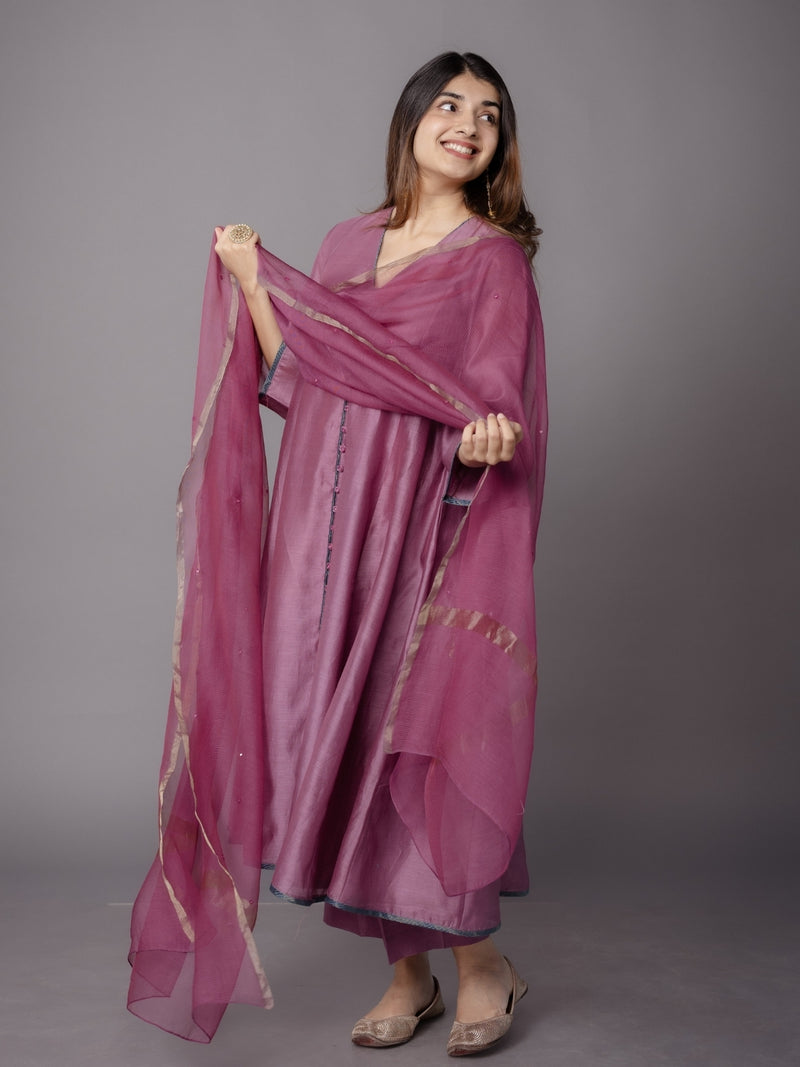 Purple Solid Zari Silk Net Dupatta with Hand Embroidery