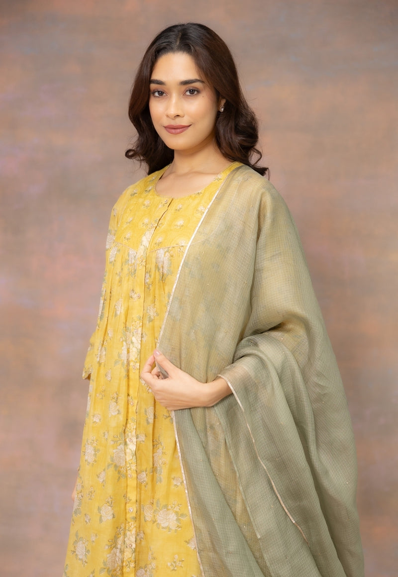 Army Green Solid Kota Doria Silk Dupatta with Mukaish Detailing