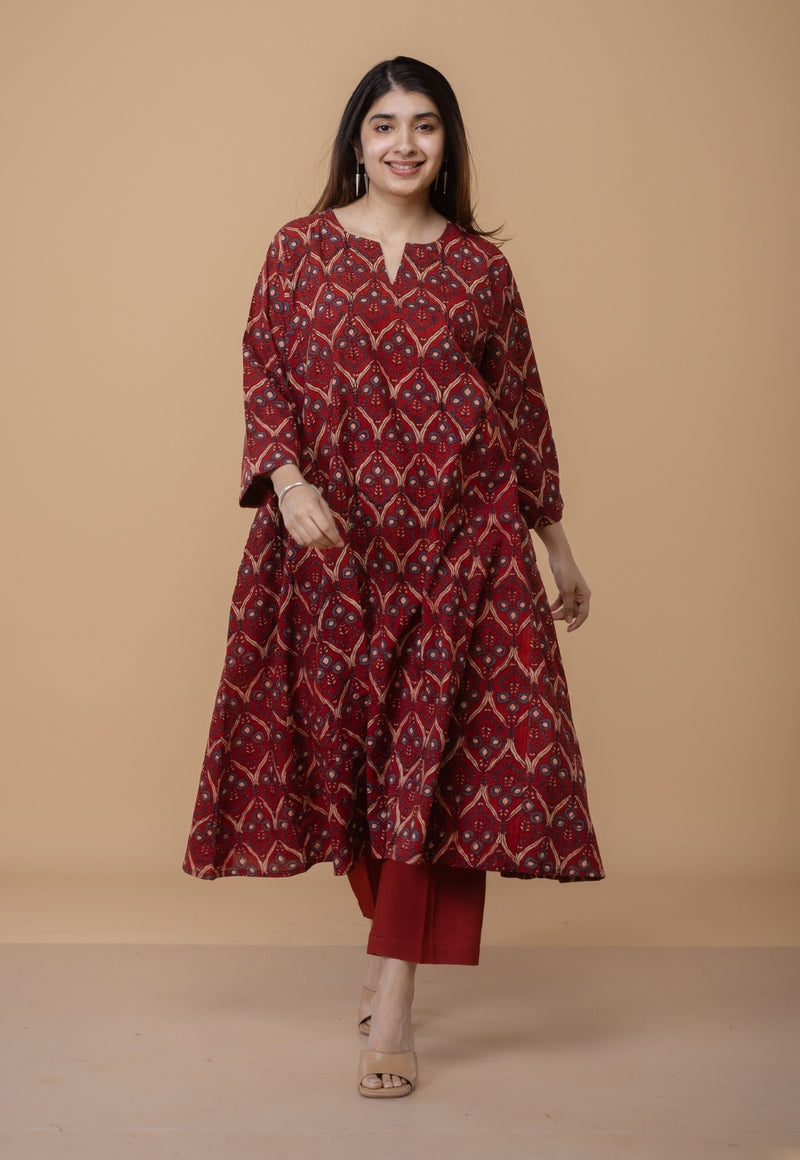 Nyra Red Ajrakh Cotton Jhabba Kali Kurta