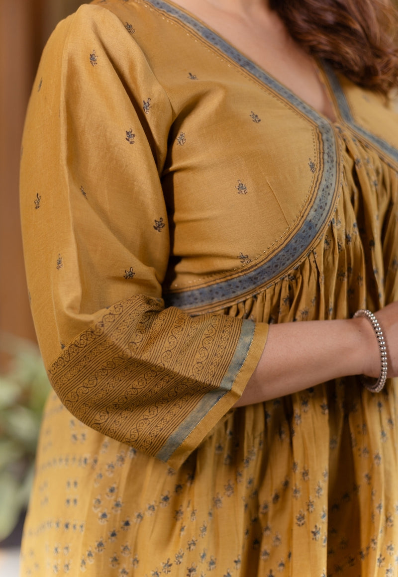 Mehek Mustard Ajrakh Chanderi Silk A Line Kurta with Hand Embroidery