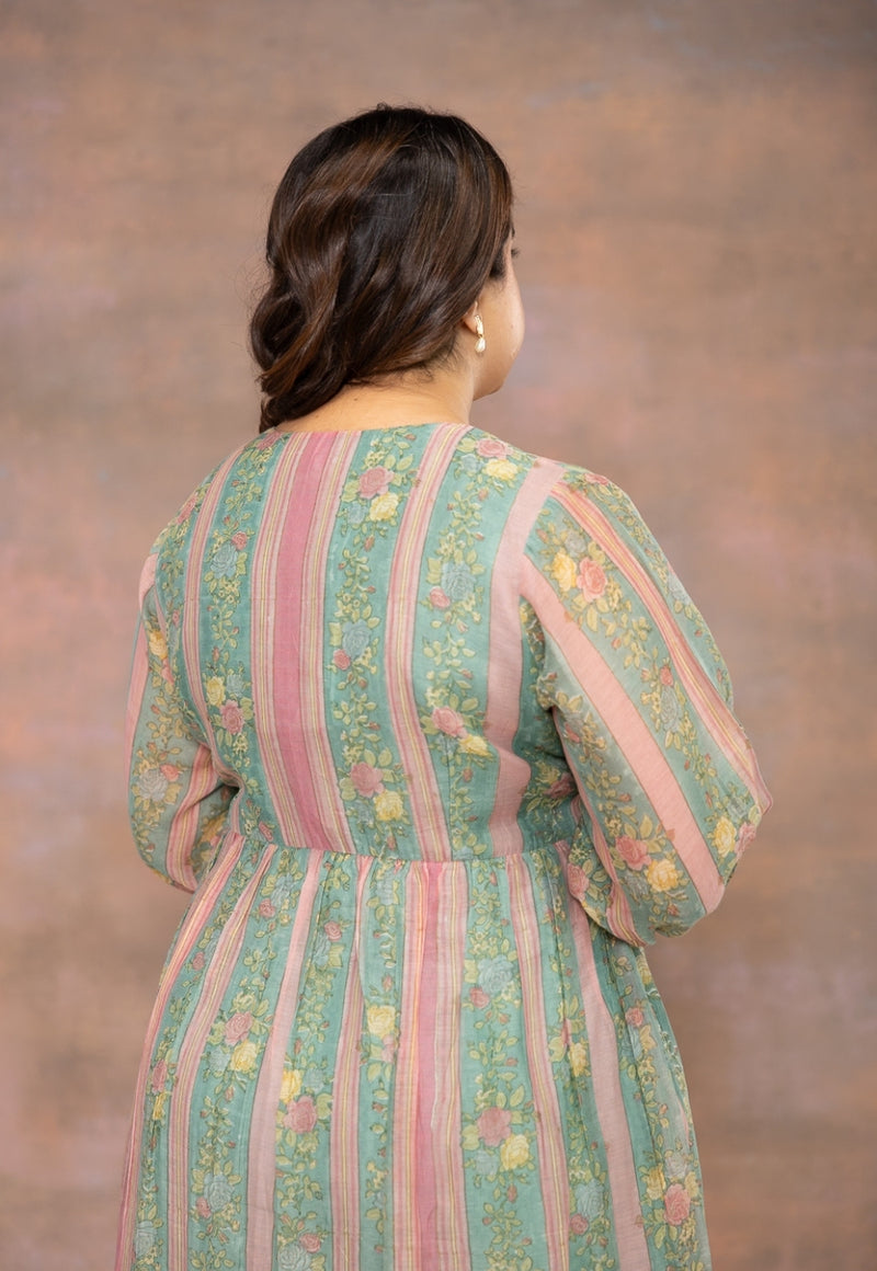 Rosy Blue Sanganeri Chanderi Silk A Line Dress with Hand Embroidery