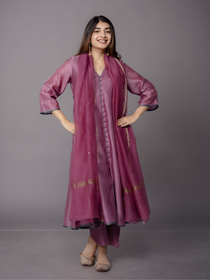 Purple Solid Zari Silk Net Dupatta with Hand Embroidery