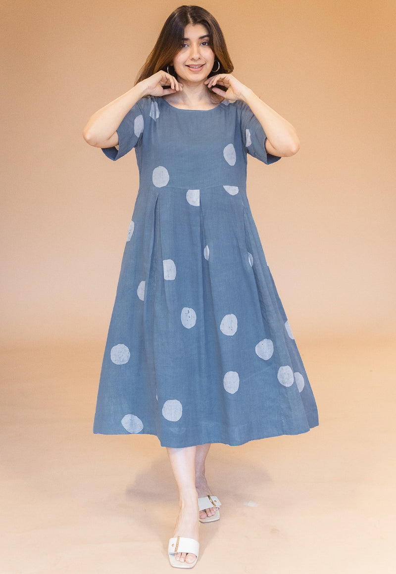 Fajar Blue Batik MulMul A Line Dress with Slip