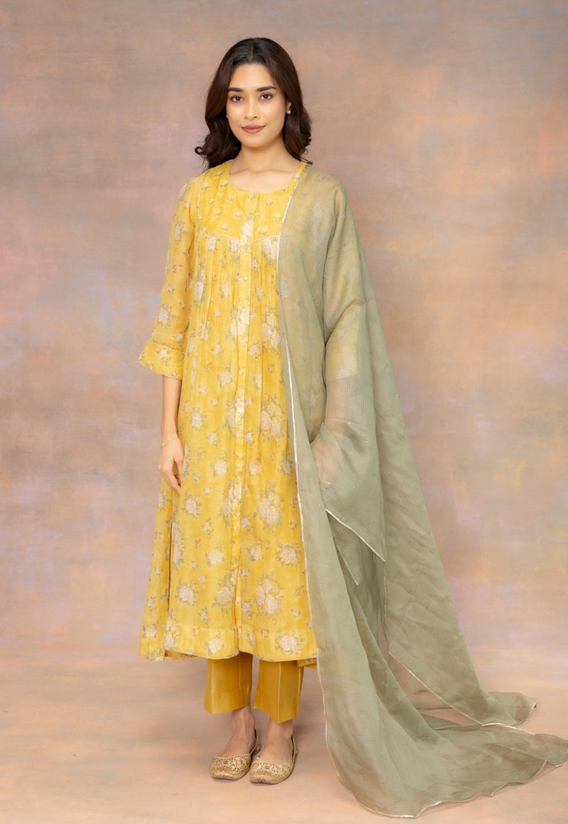 Rosa Yellow Sanganeri Chanderi Silk A Line Kurta with Hand Embroidery and Slip