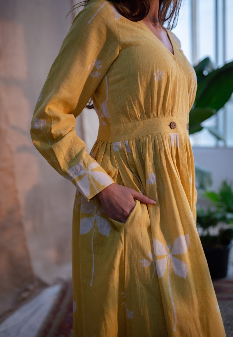 Kimaya Yellow A Line Dabu Slub Cotton Dress