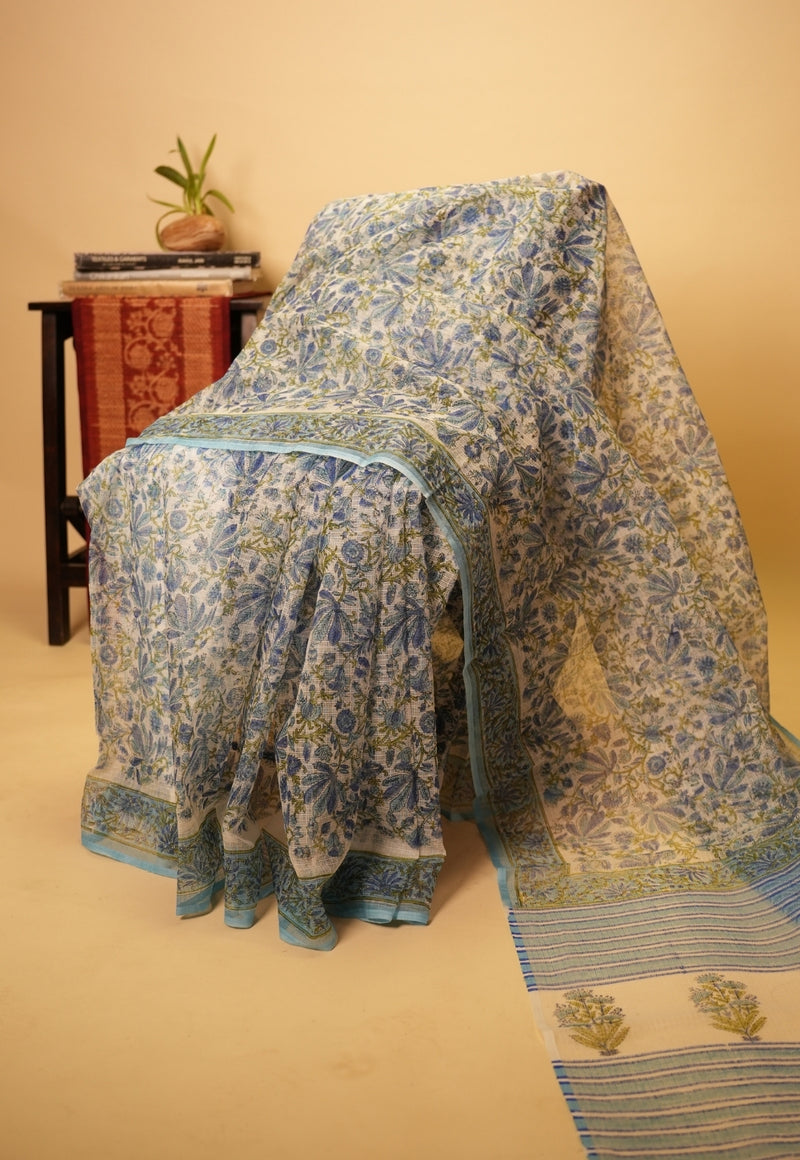 Blue Floral Sanganeri Hand Block Print Kota Doria Saree