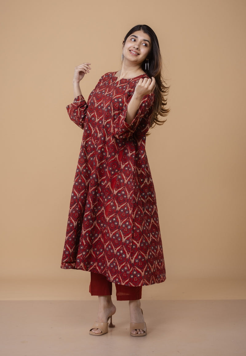Nyra Red Ajrakh Cotton Jhabba Kali Kurta