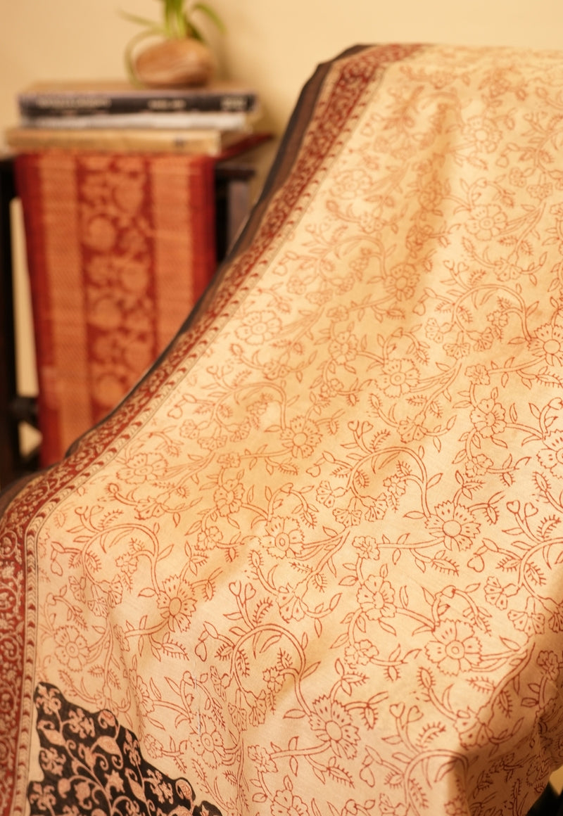 Black Jaal Bagru Hand Block Print Chanderi Silk Saree