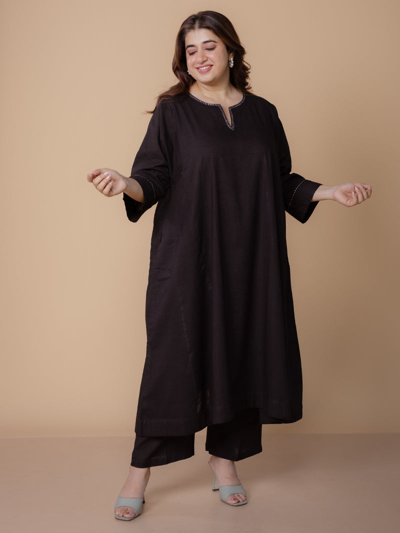Nyra Black Solid Slub Cotton Jhabbha Kali Kurta with Hand Embroidery
