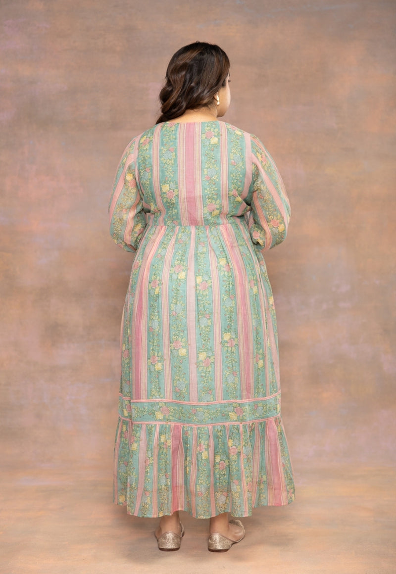 Rosy Blue Sanganeri Chanderi Silk A Line Dress with Hand Embroidery