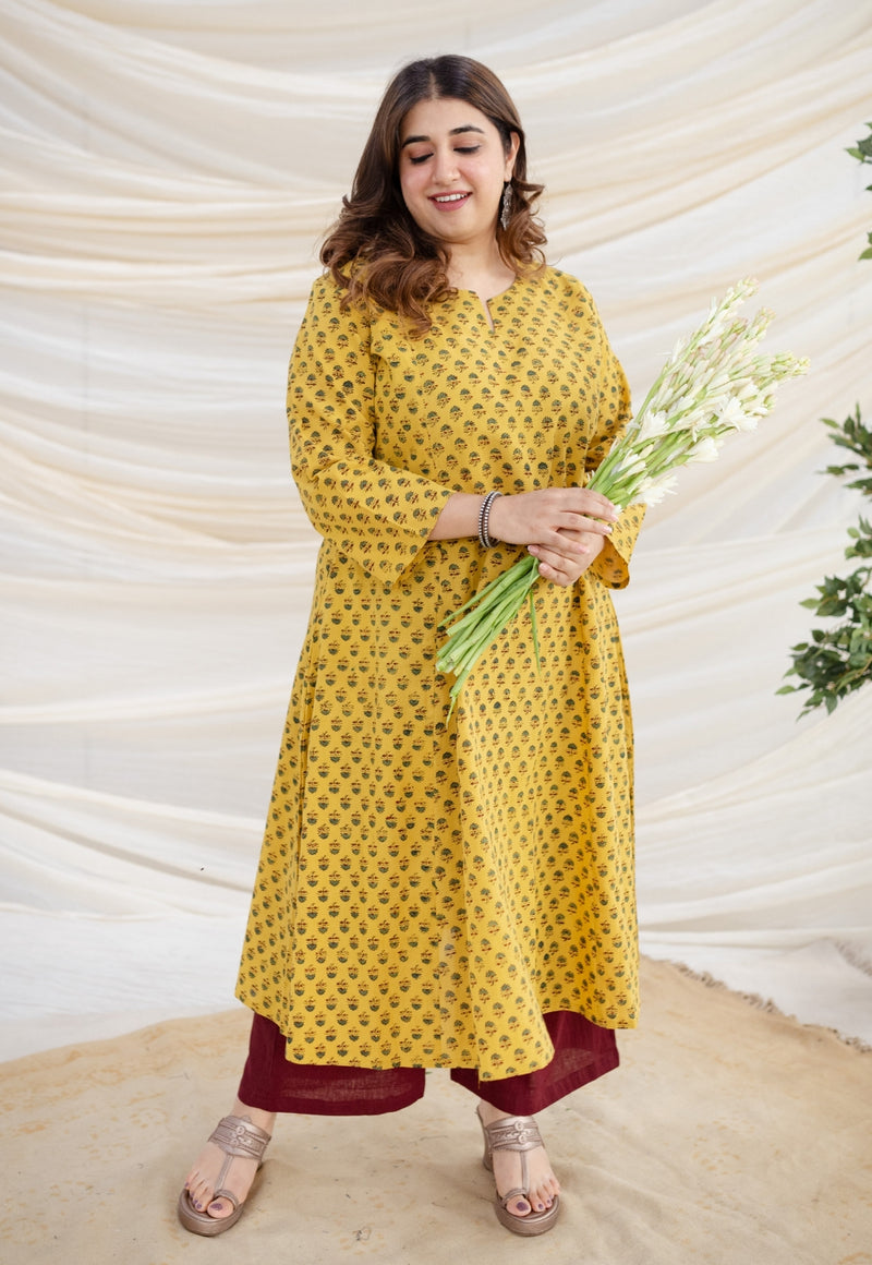 Swara Yellow Ajrakh Kali Cotton Kurta