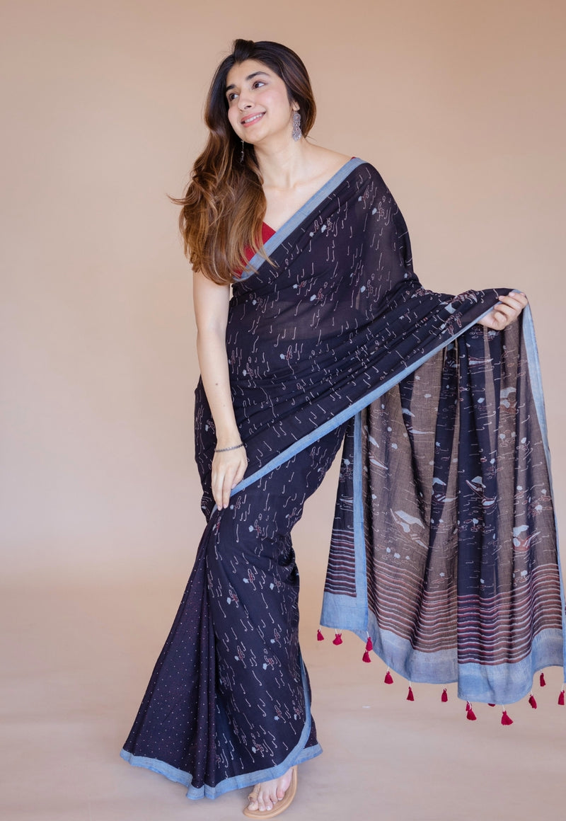 Black Boat Ajrakh Hand Block Print Mul Saree