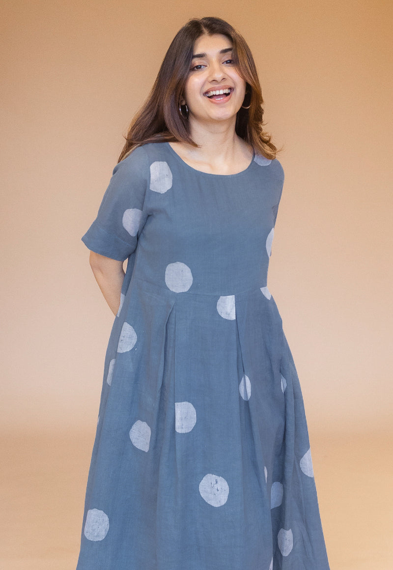 Fajar Blue Batik MulMul A Line Dress with Slip