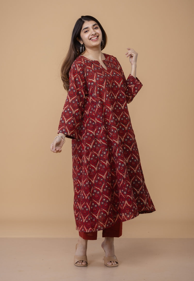 Nyra Red Ajrakh Cotton Jhabba Kali Kurta