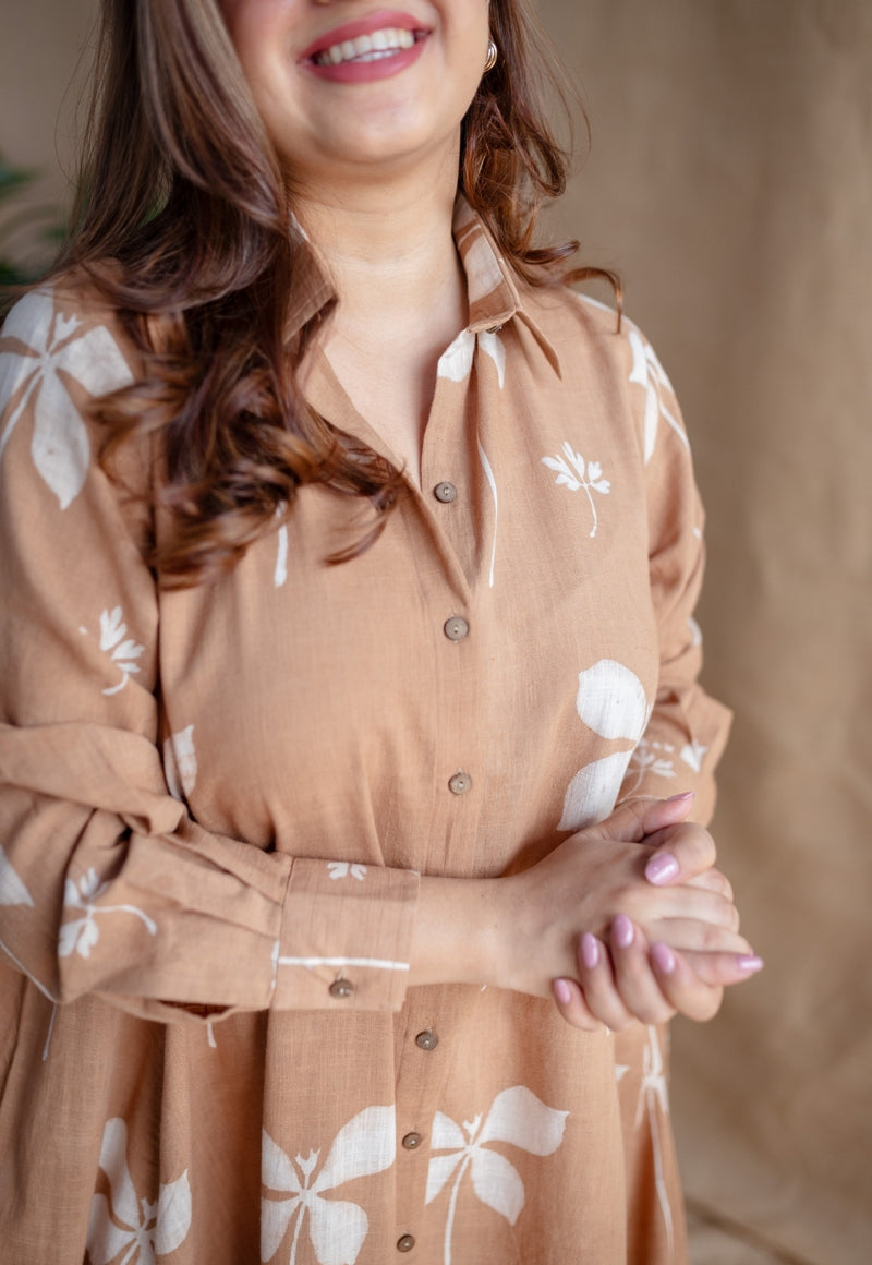 Trusha Light Brown A Line Dabu Slub Cotton Dress