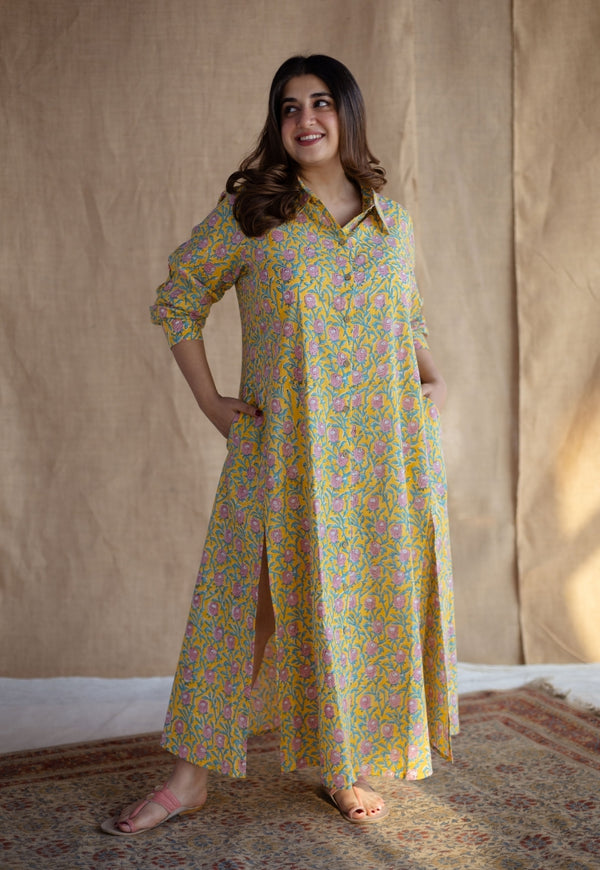 Trusha Yellow Sanganeri Slub Cotton A Line Dress