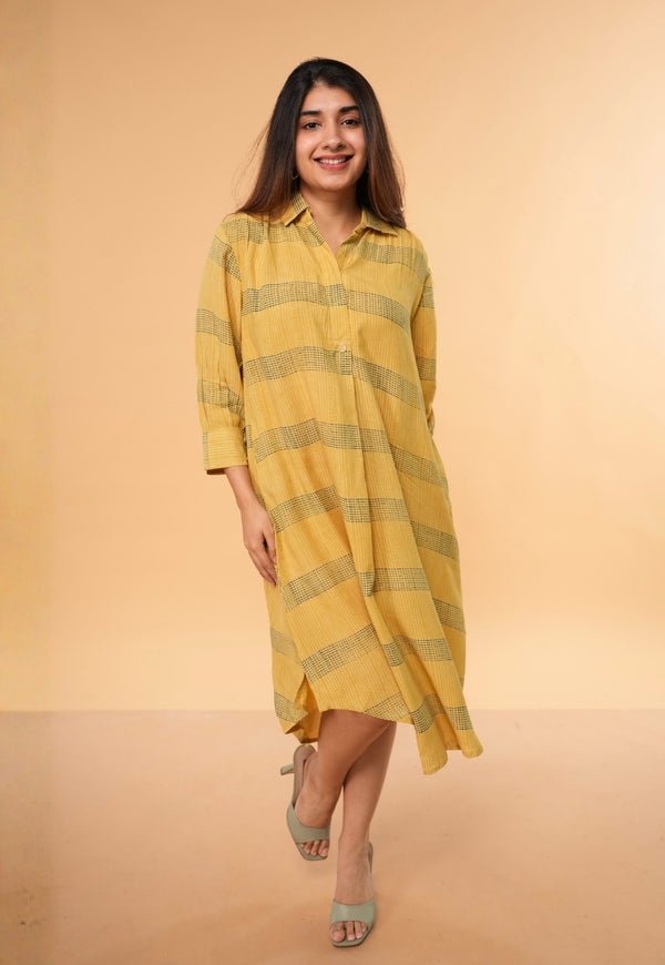 Ridah Yellow Ajrakh Modal Silk A Line Dress
