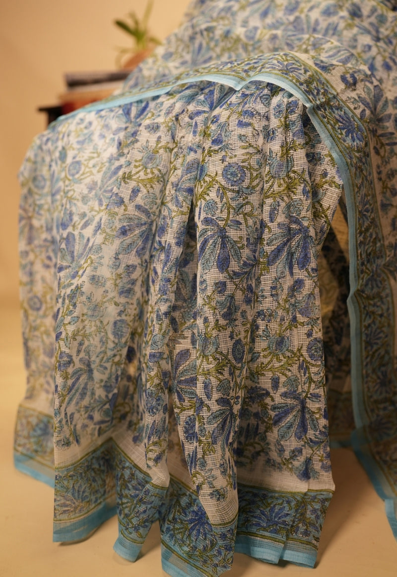 Blue Floral Sanganeri Hand Block Print Kota Doria Saree