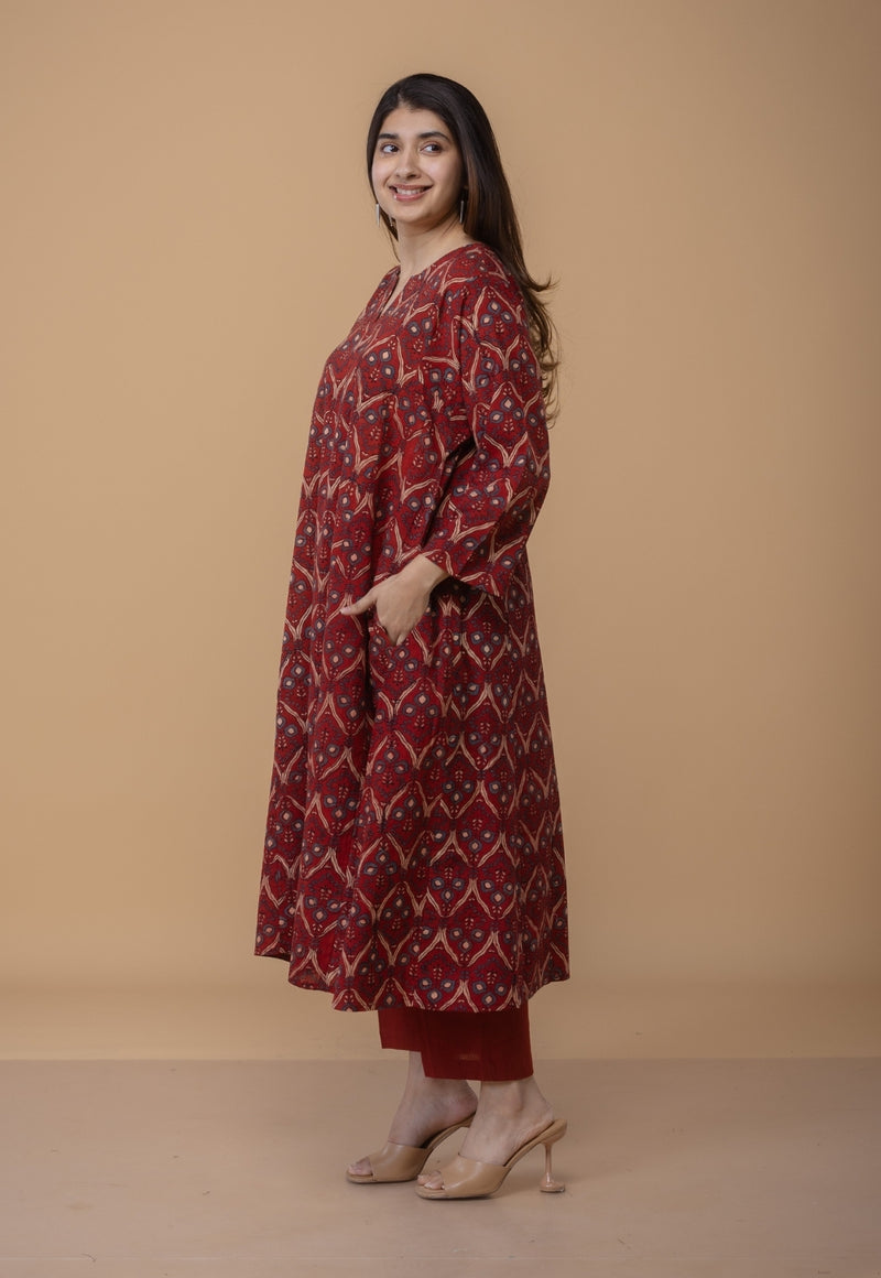 Nyra Red Ajrakh Cotton Jhabba Kali Kurta