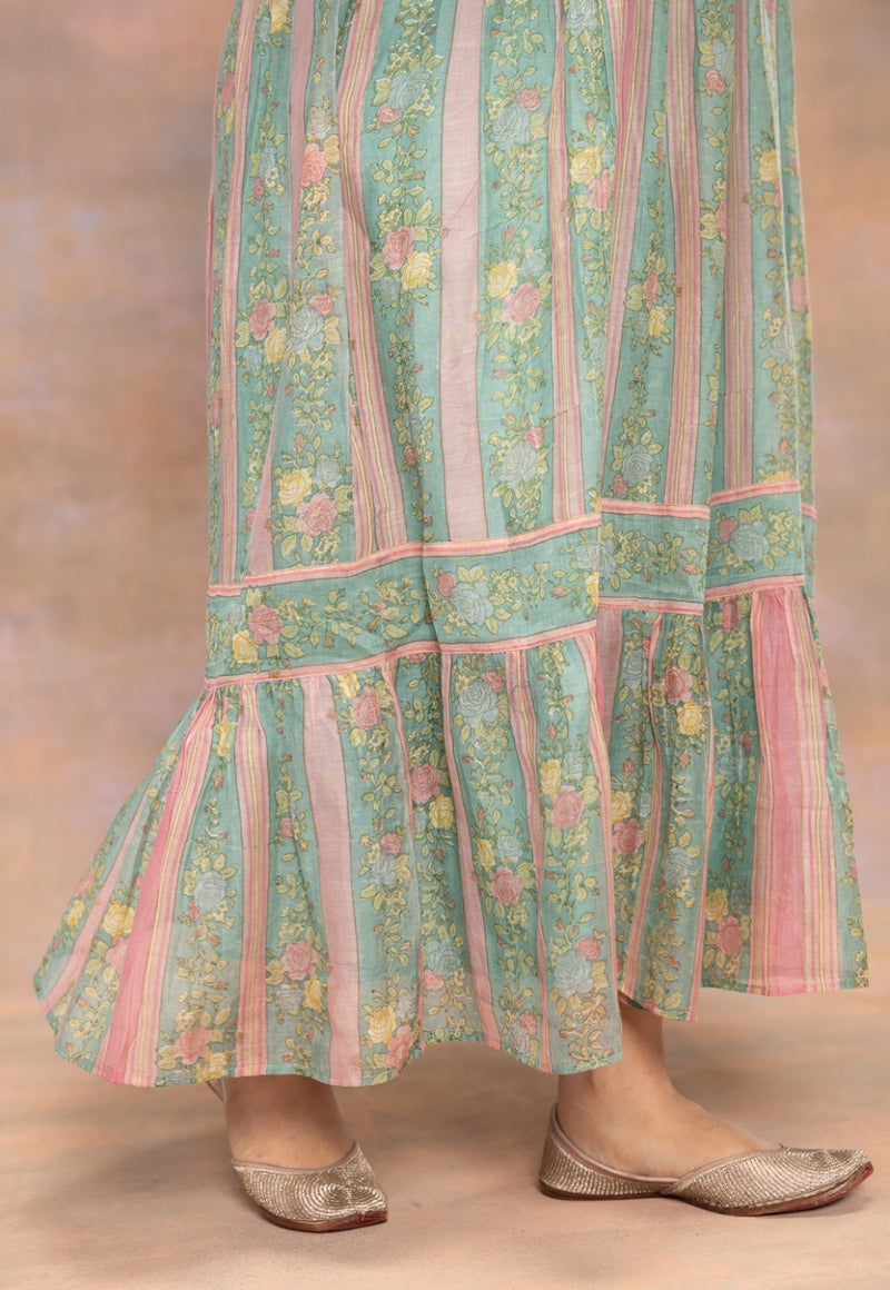 Rosy Blue Sanganeri Chanderi Silk A Line Dress with Hand Embroidery