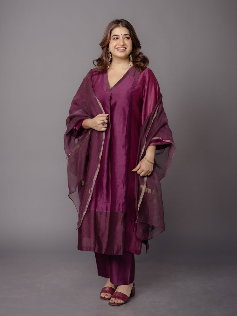 Kanika Purple Solid Chanderi Silk Straight Kurta with Hand Embroidery