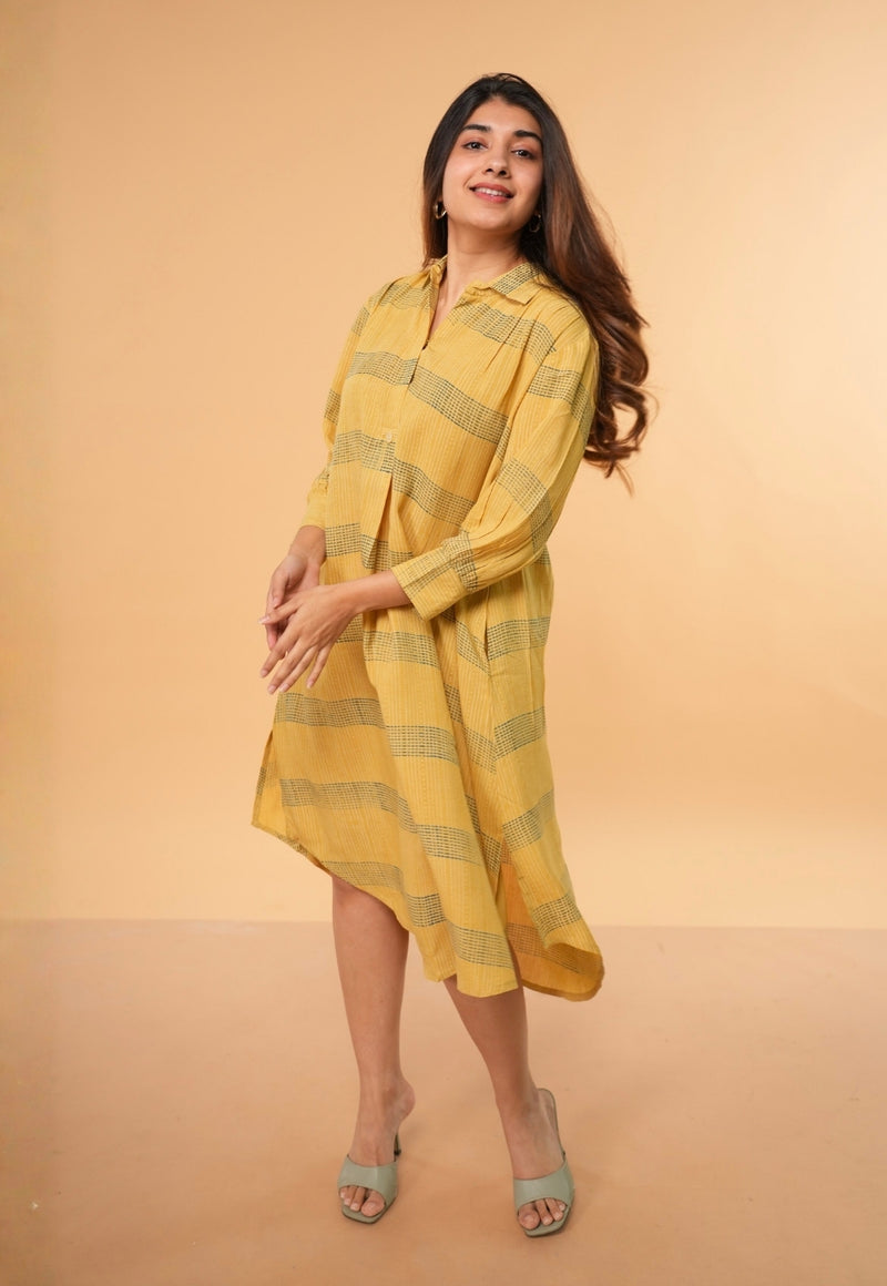 Ridah Yellow Ajrakh Modal Silk A Line Dress