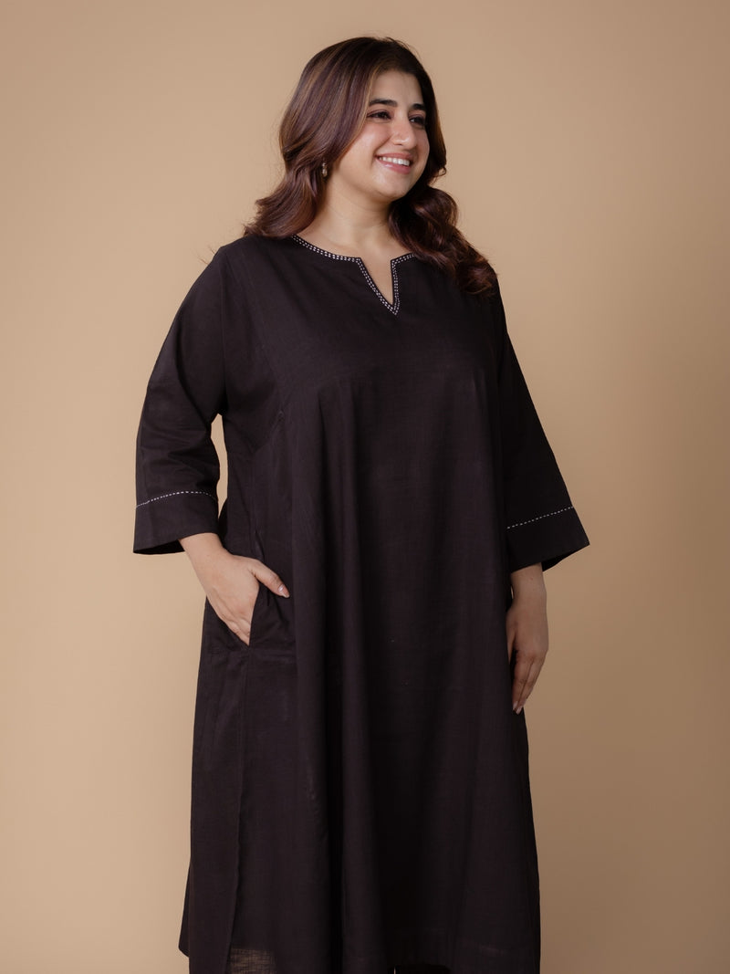 Nyra Black Solid Slub Cotton Jhabbha Kali Kurta with Hand Embroidery