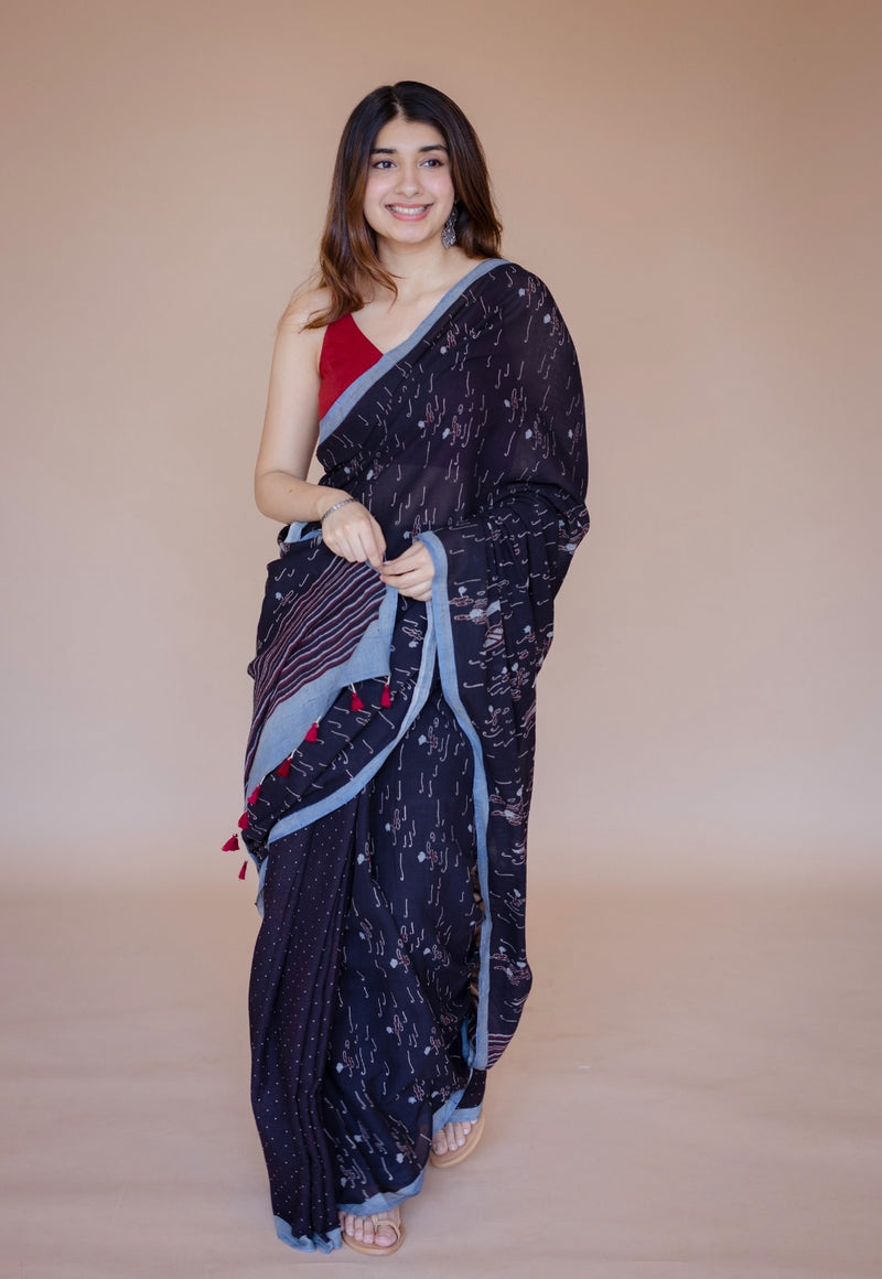 Black Boat Ajrakh Hand Block Print Mul Saree