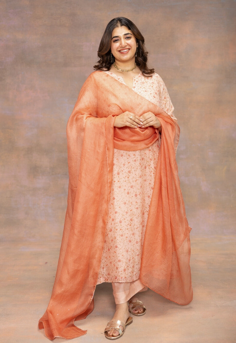 Rust Orange Solid Kota Doria Silk Dupatta with Mukaish Detailing