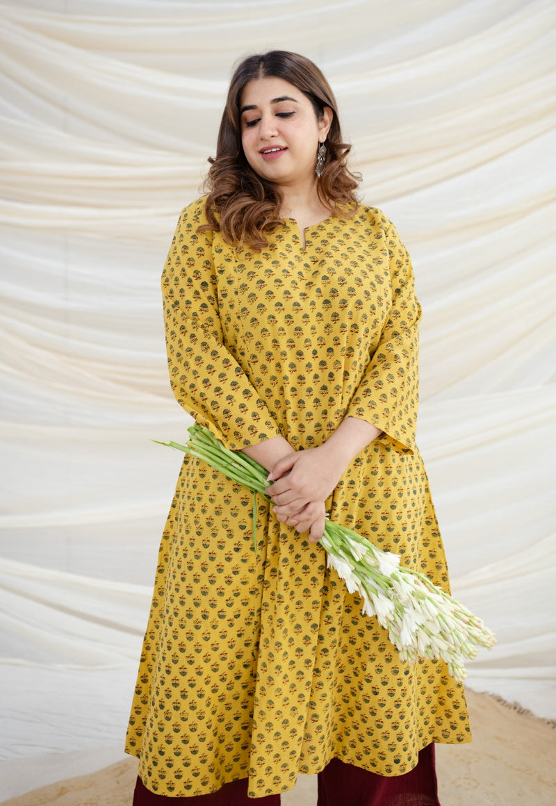 Swara Yellow Ajrakh Kali Cotton Kurta