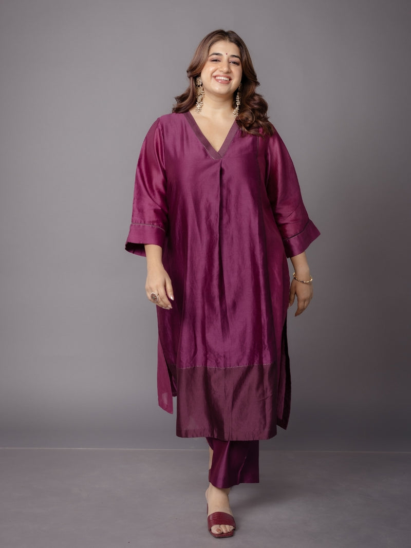 Kanika Purple Solid Chanderi Silk Straight Kurta with Hand Embroidery