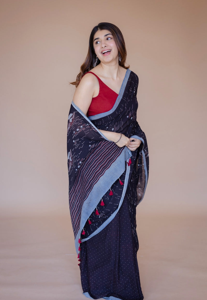 Black Boat Ajrakh Hand Block Print Mul Saree