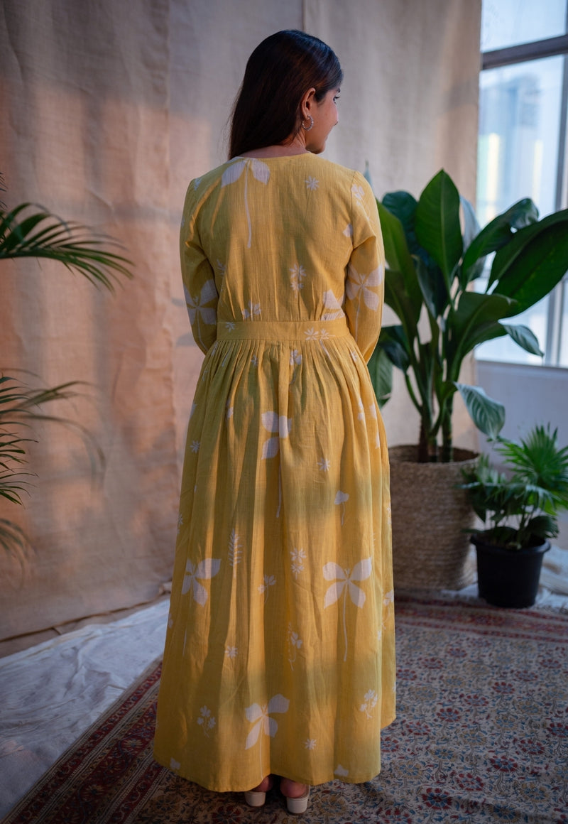 Kimaya Yellow A Line Dabu Slub Cotton Dress