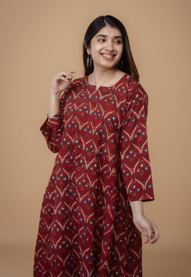 Nyra Red Ajrakh Cotton Jhabba Kali Kurta