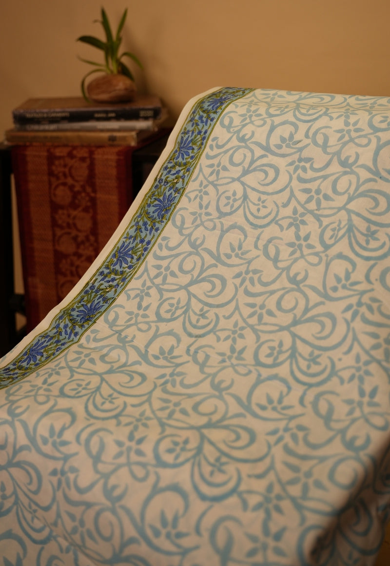 Blue Floral Sanganeri Hand Block Print Kota Doria Saree