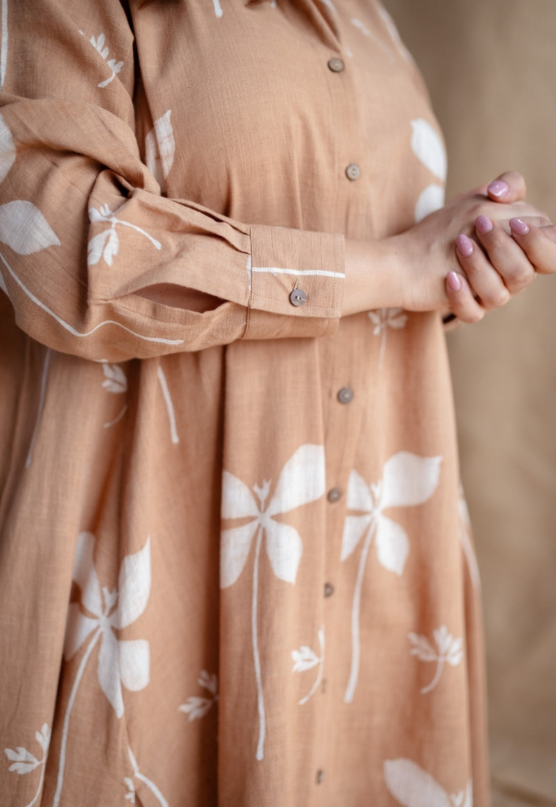 Trusha Light Brown A Line Dabu Slub Cotton Dress