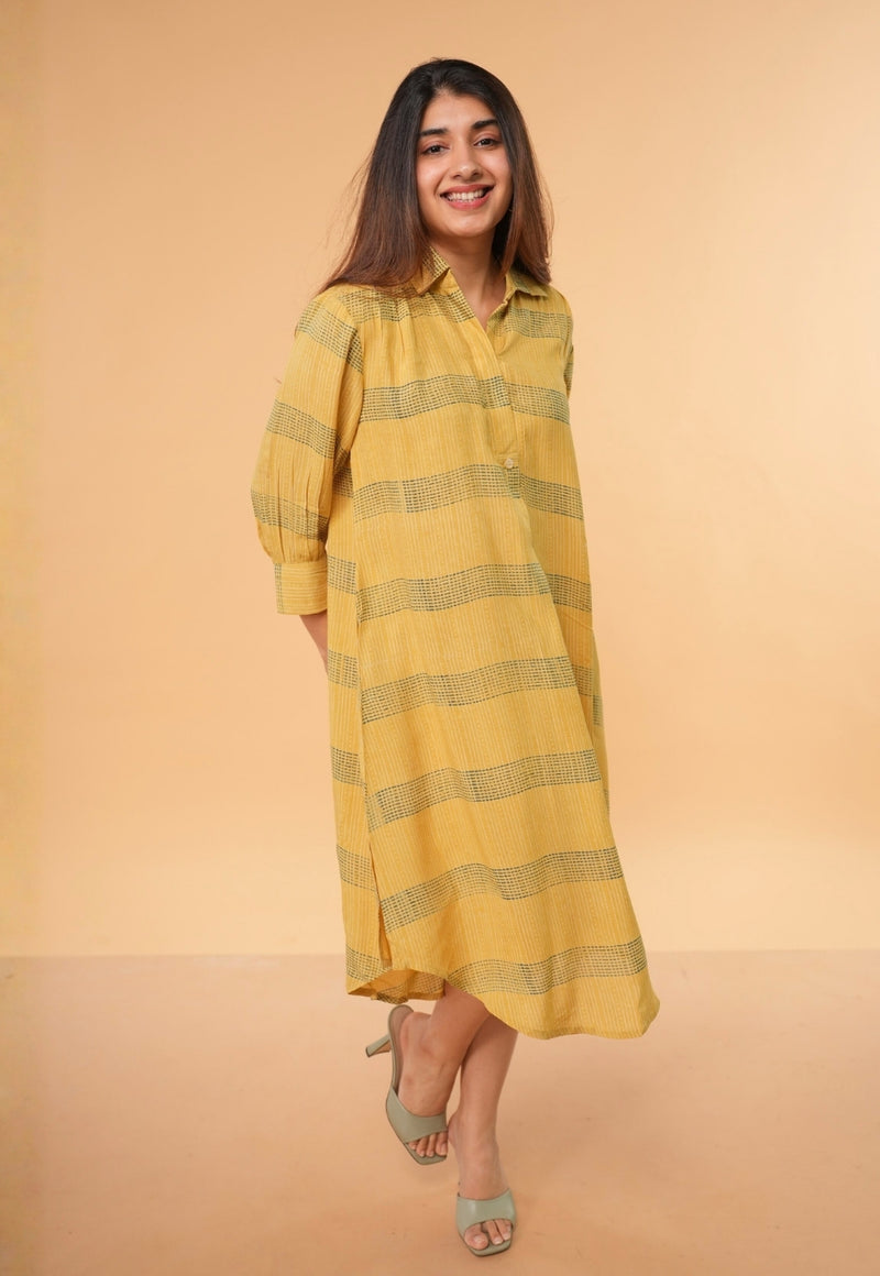 Ridah Yellow Ajrakh Modal Silk A Line Dress
