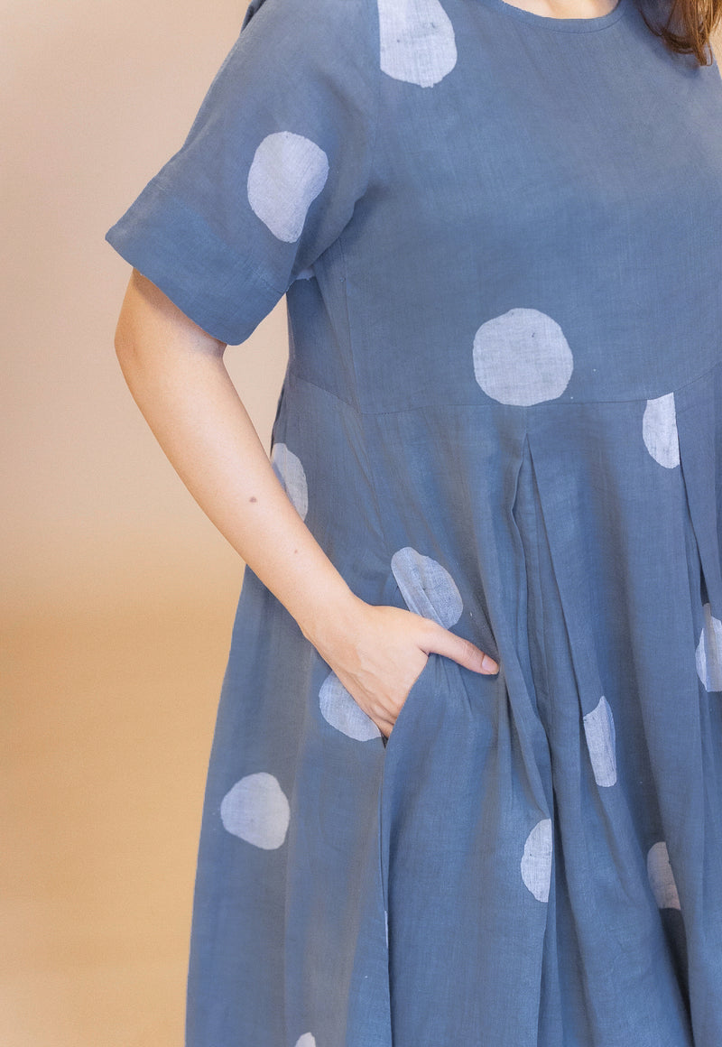 Fajar Blue Batik MulMul A Line Dress with Slip