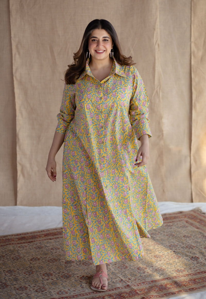 Trusha Yellow Sanganeri Slub Cotton A Line Dress