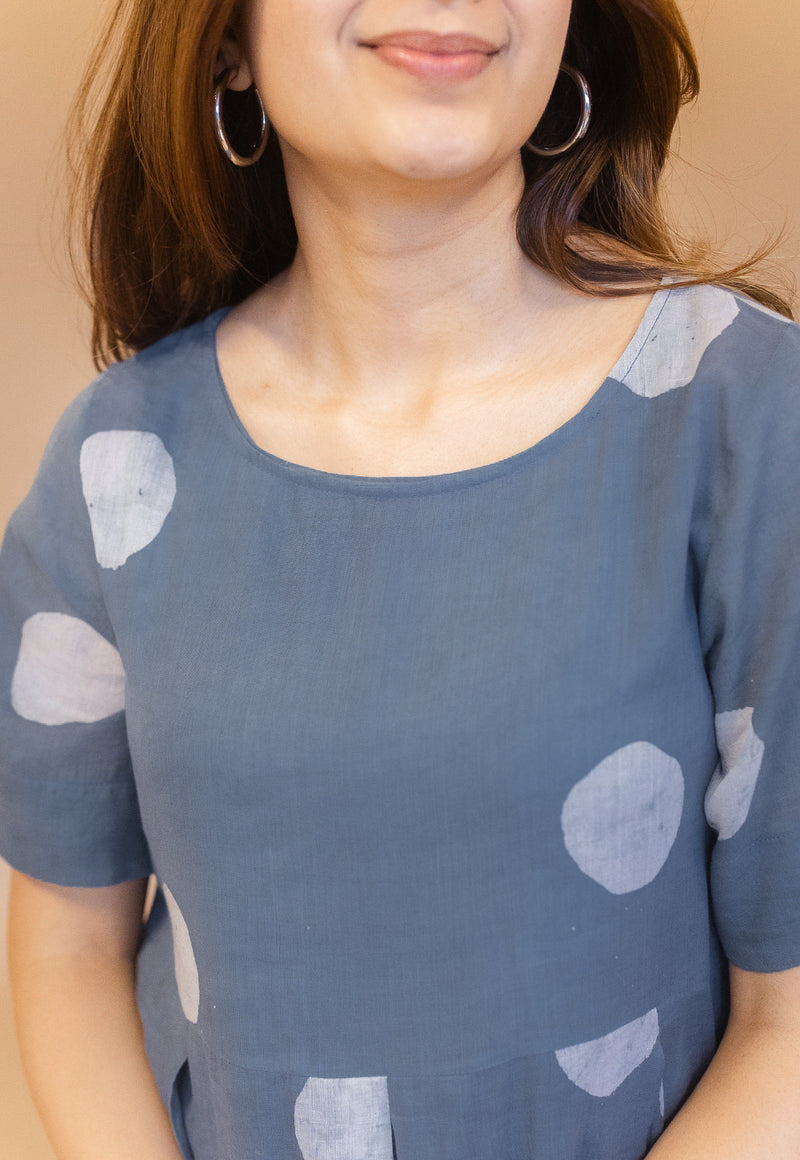 Fajar Blue Batik MulMul A Line Dress with Slip