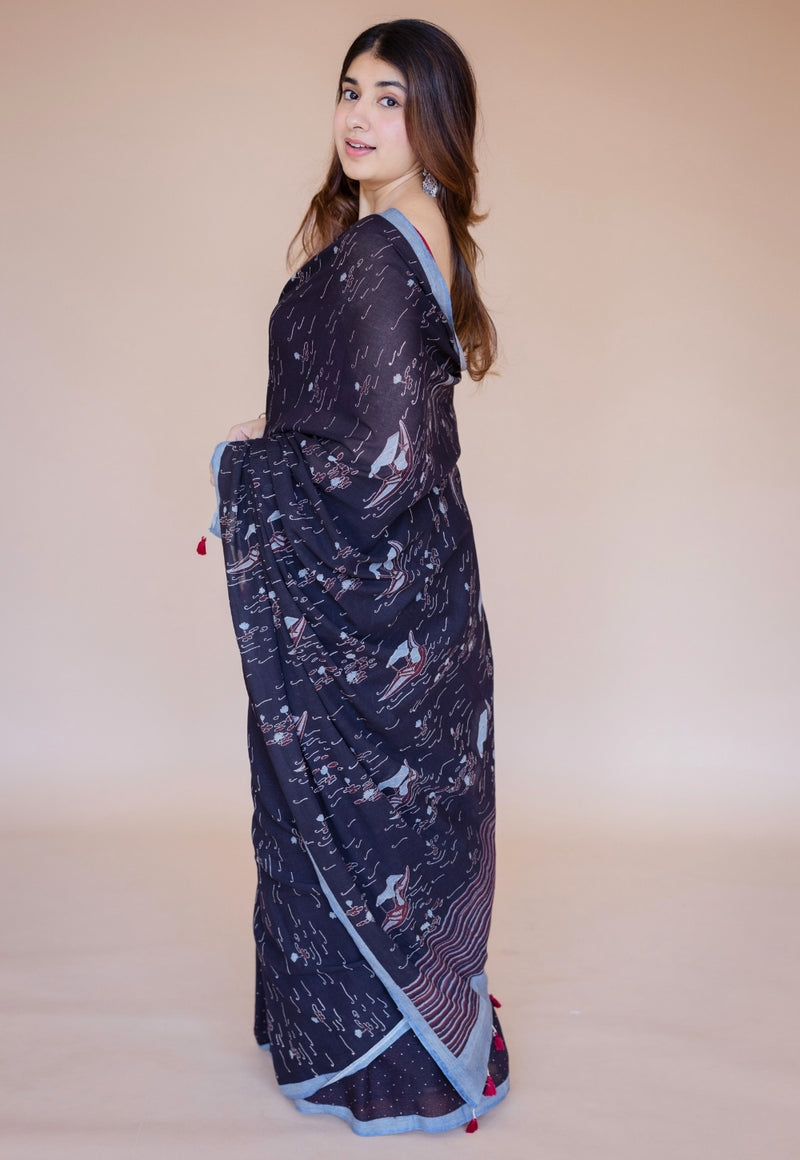 Black Boat Ajrakh Hand Block Print Mul Saree