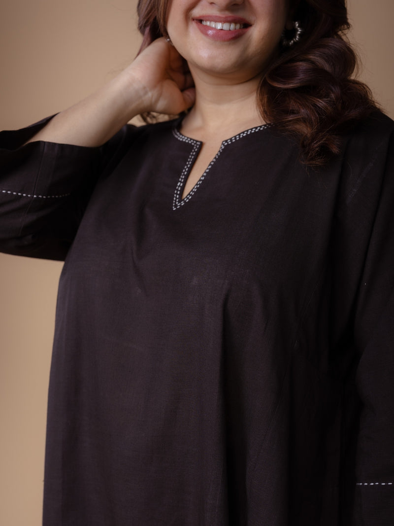 Nyra Black Solid Slub Cotton Jhabbha Kali Kurta with Hand Embroidery