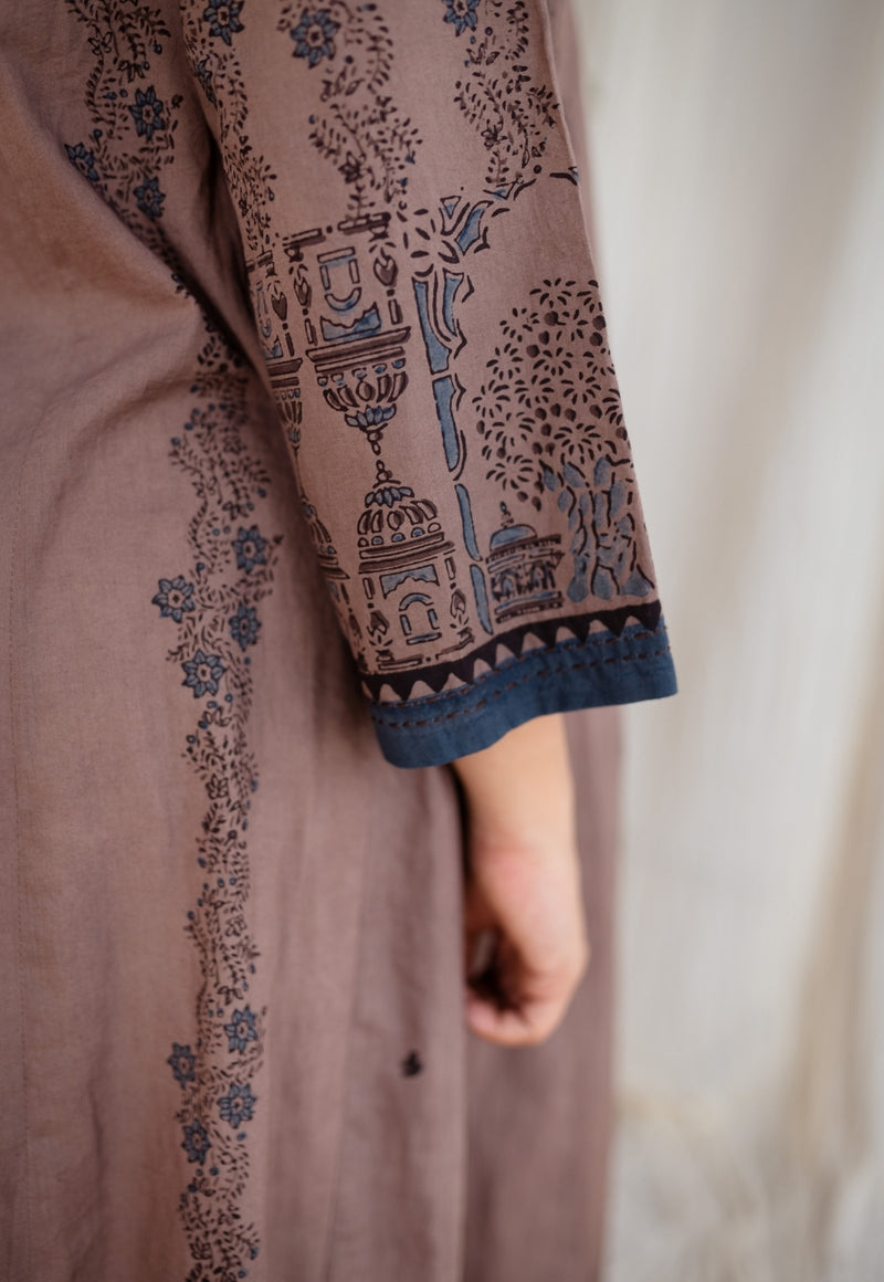 Eyza Ajrakh Cotton Hand Embroidered Kali Kurta