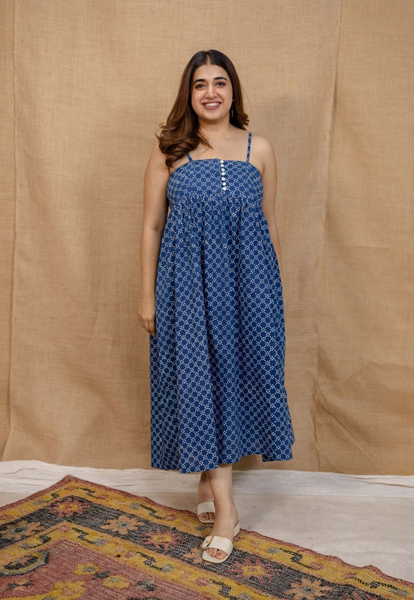 Hannah Indigo Dabu Cotton A Line Dress