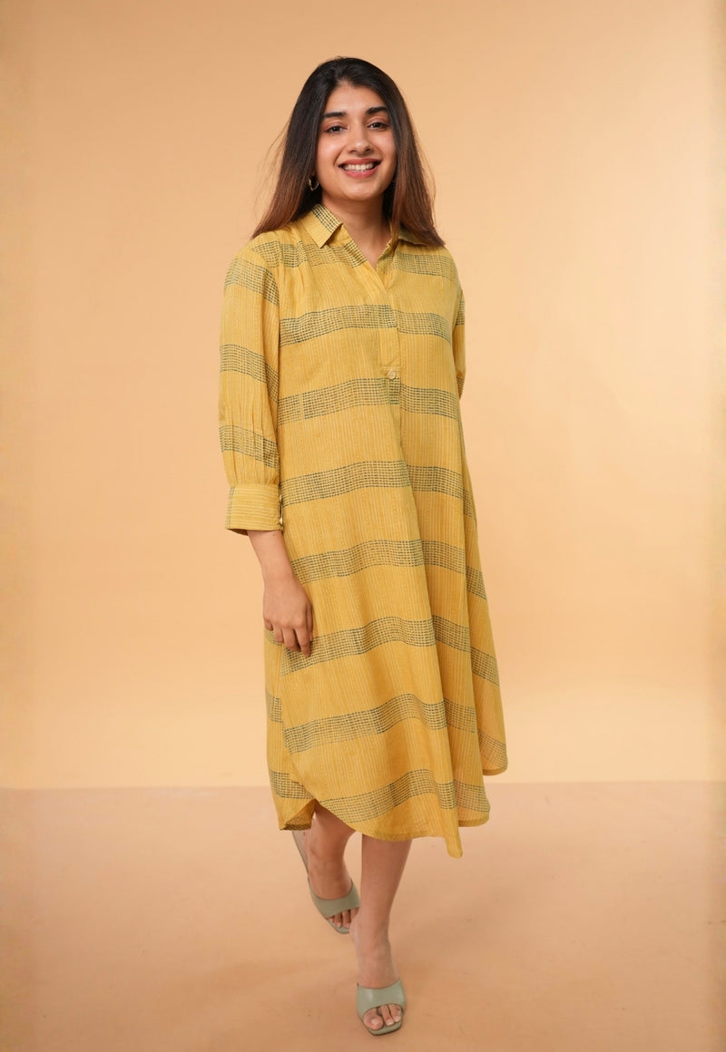 Ridah Yellow Ajrakh Modal Silk A Line Dress